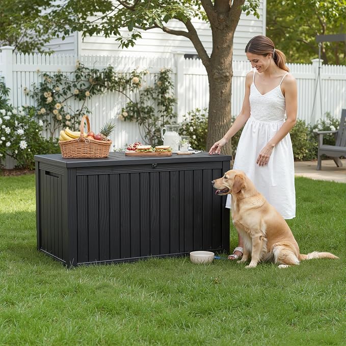 230 Gallon Outdoor Deck Storage Box, All Weather Vertical Wood Grain Lockable Heavy-Duty Storage Bin for Large Patio, Pool & Backyard Outdoor Equipment (Black,230GAL)