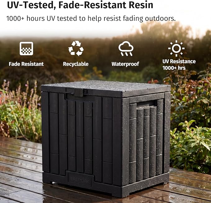 EAST OAK 31 Gallon Outdoor Storage Box, Waterproof Deck UV-Resistant Resin Bin for Patio Cushions, Garden Tools, Pool Accessories & Package, Lockable Wind-Resistant Lid, Steel-Reinforced, Black