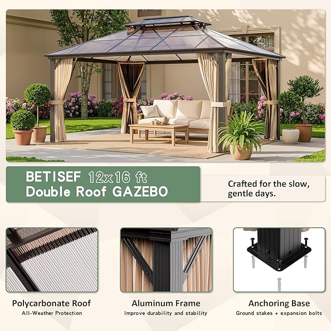 12'x16' Hardtop Gazebo, Outdoor Polycarbonate Roof Canopy, Aluminum Frame Permanent Pavilion with Curtains and Netting, Sunshade for Garden, Patio, Lawns