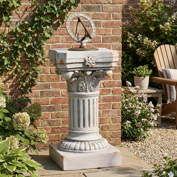Merax 16.73" H Corinthian Pedestal Plant Stand, MGO Decorative Pedestal Side Table for Indoor Outdoor Entryway Garden Home, Antique White, No Assembly Needed