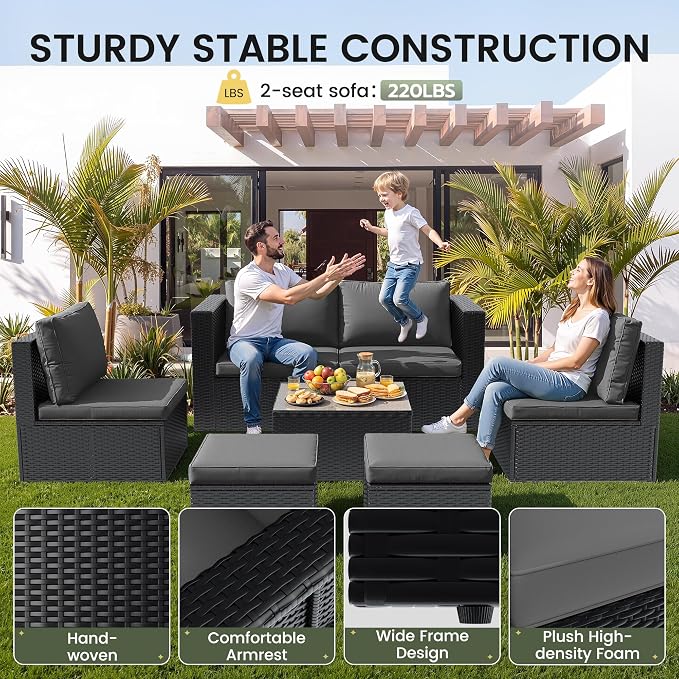 Amopatio Patio Furniture Set,All-Weather Wicker Outdoor Conversation Sofa Set with Glass Coffee Table, Cushions & Ottomans for Deck Backyard Porch Lawn Black/Dark Grey