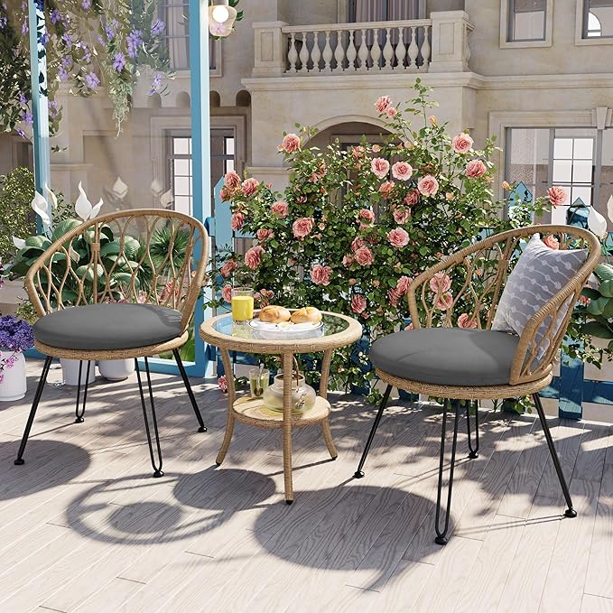 Montary 3 - Piece Outdoor Leisure Set,2 Stylish Hand - Woven Rattan Single Chairs & a Sturdy Tempered Glass Round Table - Ideal for Relaxing on Balconies and Courtyards,Natural & Grey