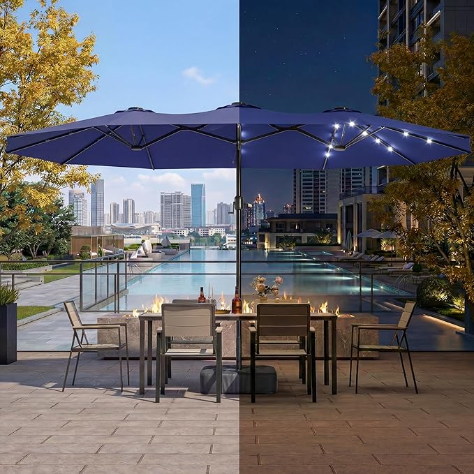 EO Living 13ft Large Patio Umbrella with Solar Lights, Double-Sided Rectangle Outdoor Umbrella with Base Included, 24 LED Lights Table Umbrella for Poolside Deck Market (Navy Blue)