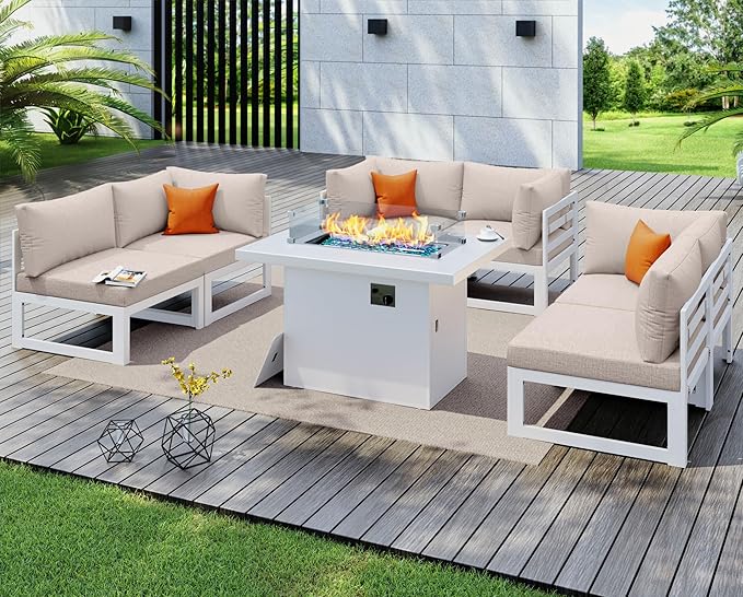 NICESOUL 7 Piece Extra Large Modern Aluminum Outdoor Sofa with Fire Pit Table, 29" Deep Wide Seating, 500 lbs Durable Sectional Set, All-Weather L Shaped Patio Furniture Set for Exterior Garden, Beige
