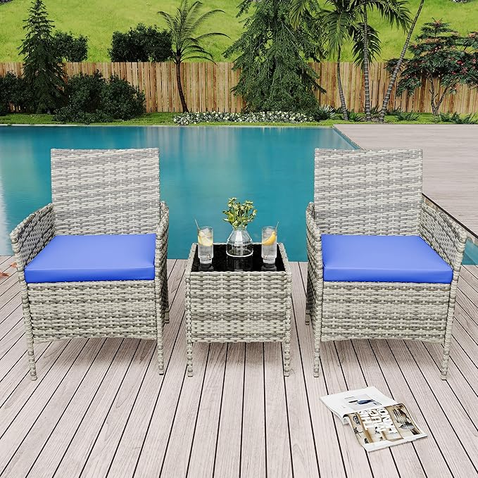 Patio Furniture Set 3 Pieces,Outdoor Patio Conversation Sets, PE Rattan Wicker Furniture Sets with 2 Chairs,Soft Cushion and 1 Coffee Table, Bistro Set of 2 for Backyard Balcony Porch Apartments,Grey