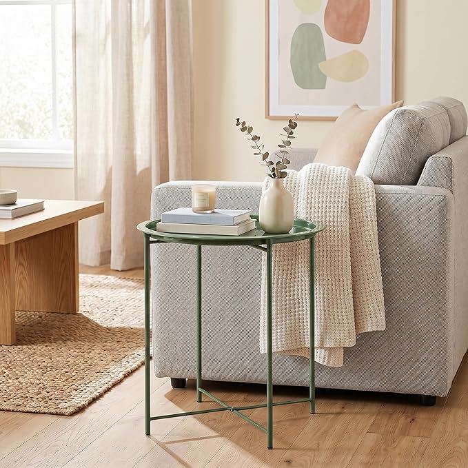 VECELO Side/End Table, Folding Round Metal Anti-Rust and Waterproof Outdoor or Indoor Tray for Living Room Bedroom Balcony and Office, 2 PCS, Dark Green