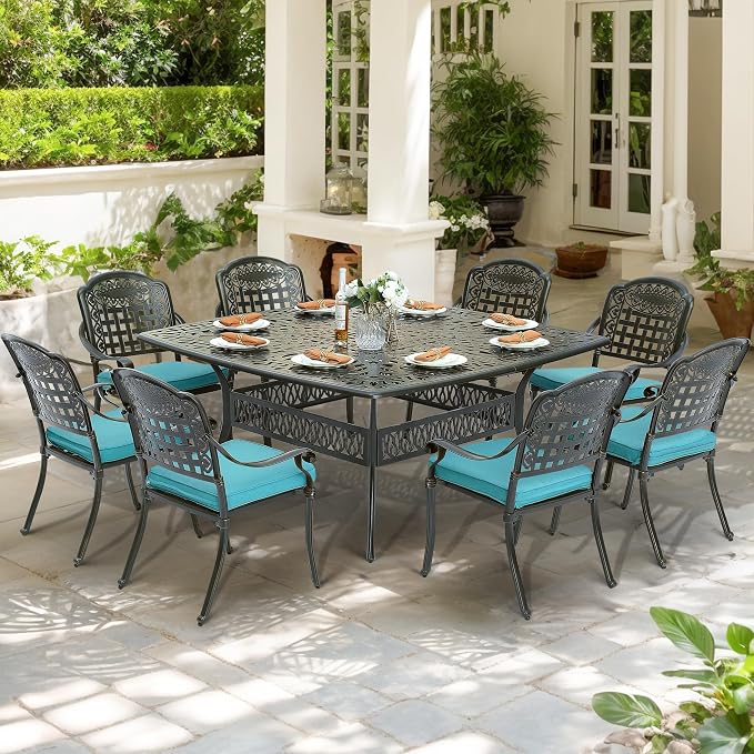 9-Piece Patio Cast Aluminum Dining Set, Outdoor Table and Chairs Set for 8, Includes 64" Large Square Dining Table and 8 Cushioned Chairs with Umbrella Hole for Lawn Garden, Ocean Blue