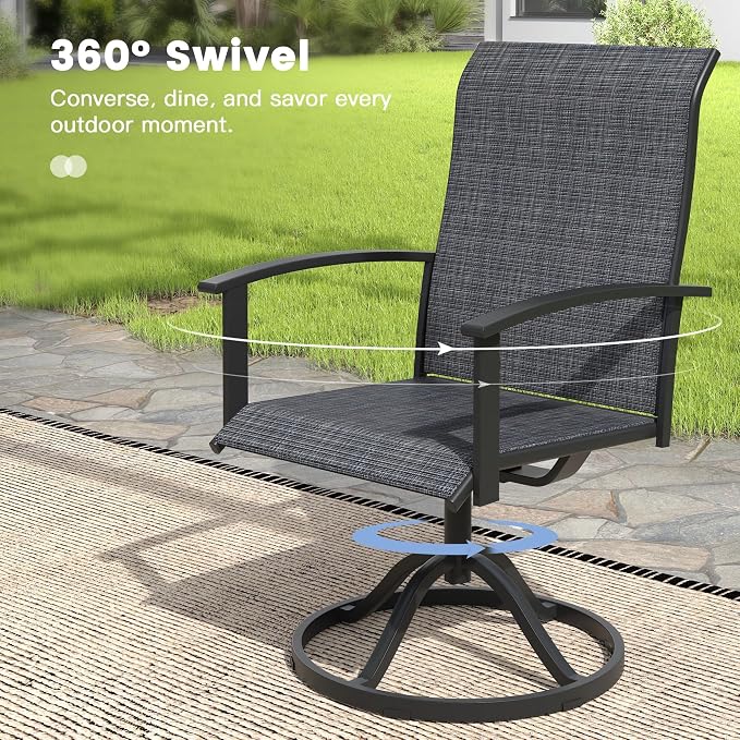 VICLLAX 7 Pieces Patio Outdoor Dining Set, 6 Swivel Textilene Chairs and 50" Round Metal Table with Umbrella Hole for Porch, Deck, Garden, Black