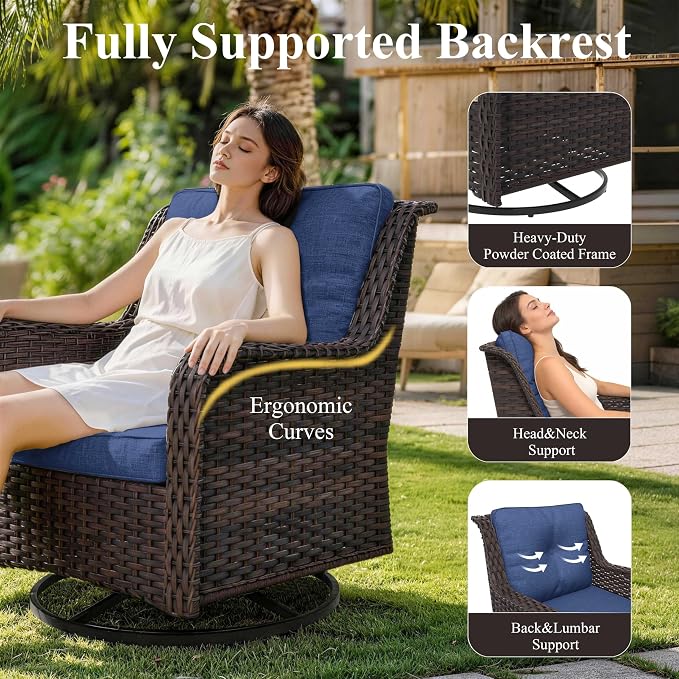 7-Piece Patio Furniture Set, Outdoor Thick Wicker Sectional Sofas with 2 Swivel Chairs, High Back Sectional Sofa Couch, Outdoor Conversation Set for Backyard, Porch, Deck, Dark Blue
