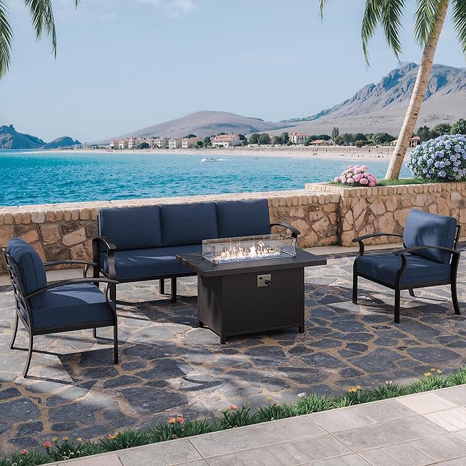 Kurapika Aluminum Patio Furniture Set 5-Seat Modern Metal Outdoor Conversation Sets w/45in Propane Fire Pit Table, w/5.1 Inch Cushion Patio Sectional Sofa w/5.1 inch Cushion, Navy Blue