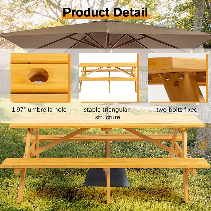 Hohuqeri Wood Picnic Table, 75" Tabletop with Umbrella Hole, 8 Person Outdoor Wooden Picnic Table Bench Set for Patio, BBQ, Dining, Yellow
