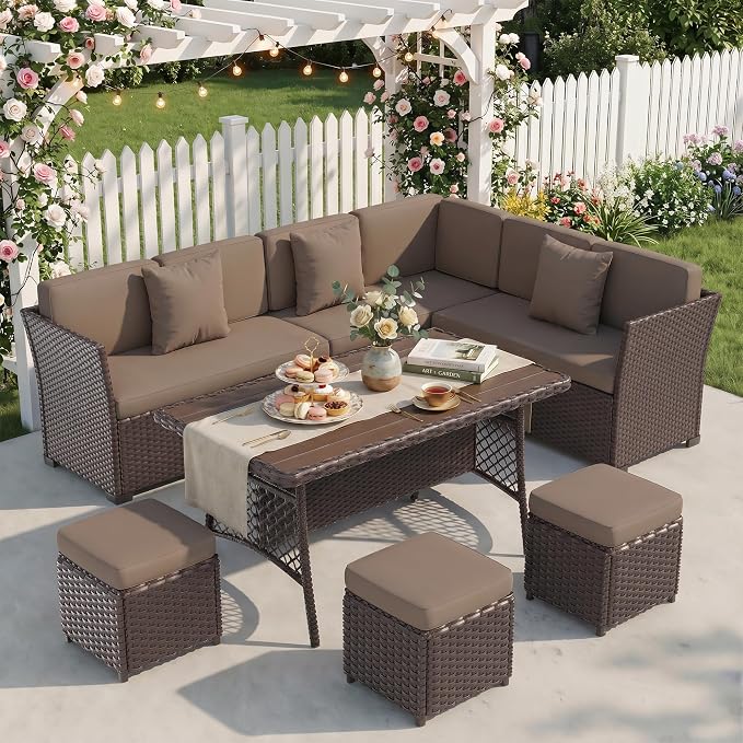 Patio Furniture Set, 7 Pieces Outdoor Dining Sets, All Weather Rattan Conversation Set, Outdoor Dining Sectional Sofa with Large Dining Table, Ottoman (Brown-Camel, A-7 Pieces)