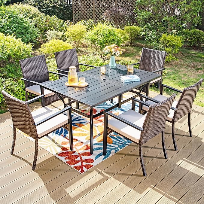 Sophia & William 7 Pieces Patio Dining Set with 13ft Navy Patio Umbrella, Outdoor Metal Table and Rattan Chairs Set for 6 People, Outdoor Dining Set with Cushions & 1.6" Adjustable Umbrella Hole