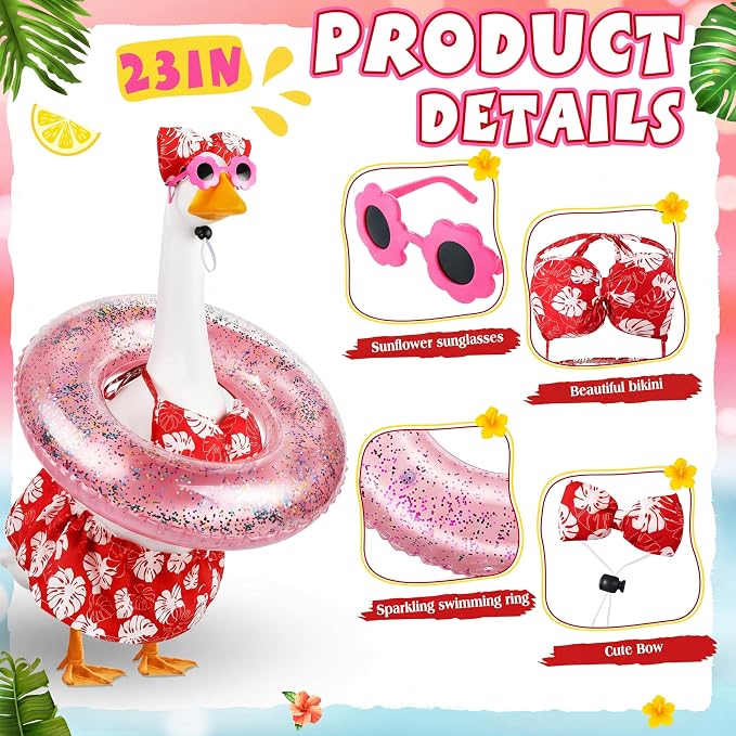 Bikini Porch Goose Outfits with Sunglasses and Swimming Tube for 23" Summer Goose Costume Garden Patio Statue Decor(Hot Pink Monstera)