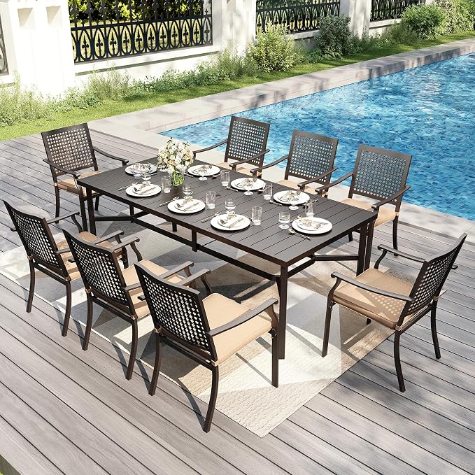PHI VILLA Outdoor Dining Set for 8, 83" Metal Table w/Umbrella Hole | 9 pcs rectangle black wrought iron furniture set w/ cushions. All weather for patio, deck, yard, porch