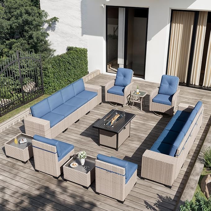 16 Pieces Patio Furniture Set with Fire Pit Table, Outdoor Sectional Wicker Sofa with Thick Cushions, High Back Swivel Rocker Patio Chairs, Rattan Conversation Set with Coffee Table, Navy