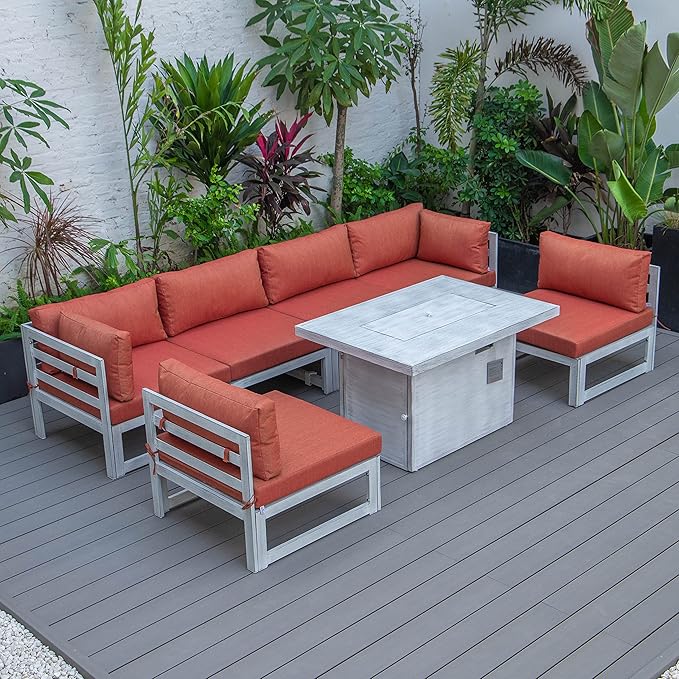 LeisureMod 7-Piece Outdoor Patio Conversation Set in Weathered Grey Aluminum with 44" Propane Fire Pit Table & Cushions, Orange