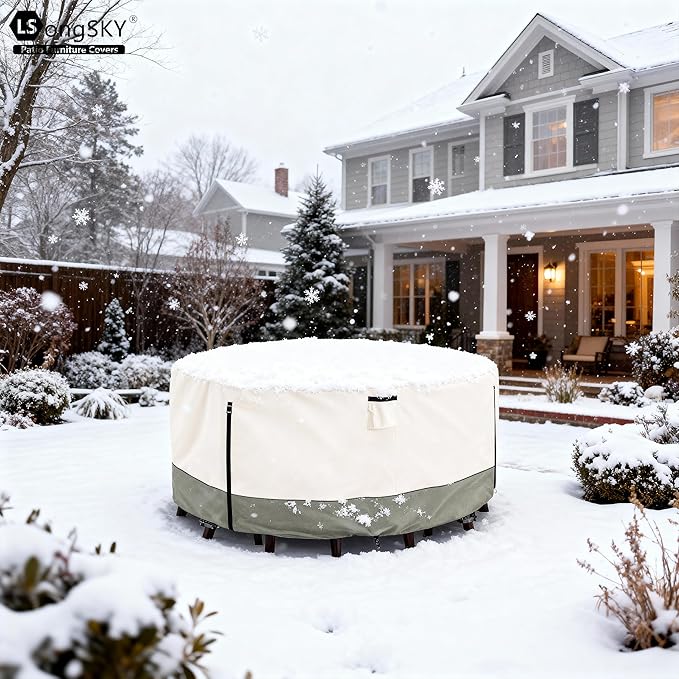Round Patio Furniture Covers,600D Heavy Duty Waterproof Outdoor Furniture Cover for Round Dining Table with Rocking Swivel Chairs Set,84" Dia x 28" H Beige