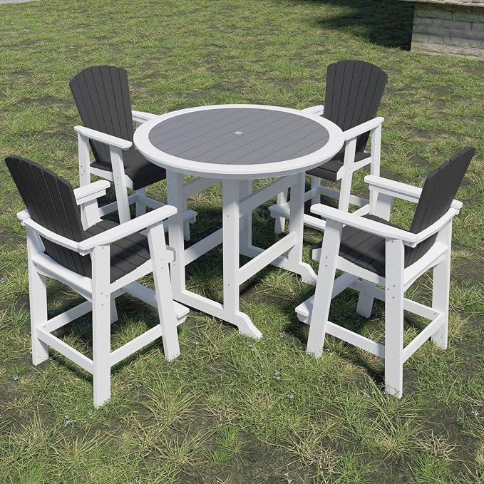WILLIAMSPACE Patio Bar Table Set of 5, Height Outdoor Round Bar Table with 1.96" Umbrella Hole, 4 Piece Bar Stools with Backs, Counter Furniture Set for Kitchen Outside (White & Grey)