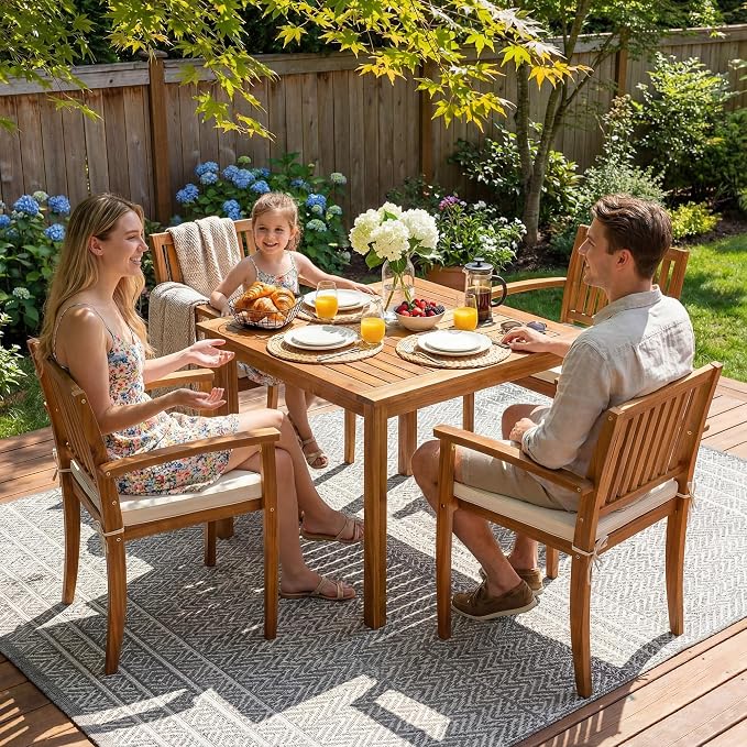Devoko 5 Pieces Patio Table and Chairs Set Acacia Wood Outdoor Furniture | Patio Dining Set with Comfy Cushions for 4, Outdoor Dining Table and Chairs for Lawn, Garden, Backyard, Deck, Natural Wood