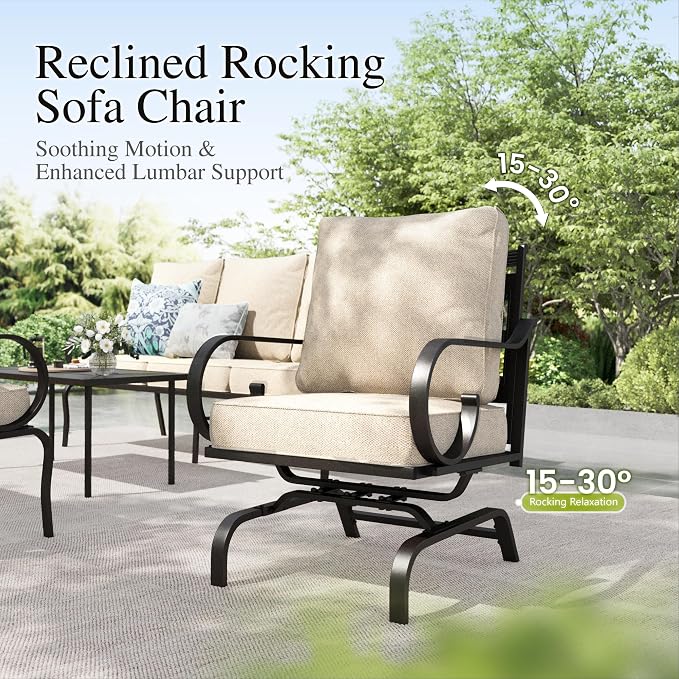 Sophia & William Patio Conversation Set for 7, 3-Seater Sofa, 4 Rocking Chairs and a Coffee Table, Metal Outdoor Furniture with 5.75" Extra Thick Cushions, Beige