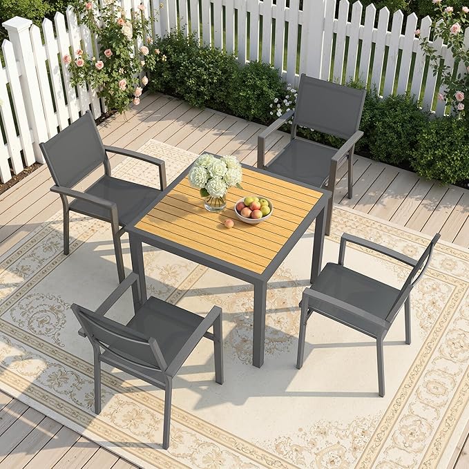 Wisteria Lane Patio Table and Chairs Set for 4, Outdoor Patio Furniture Set with Aluminum Table and Metal Textilene Chairs, All-Weather Outdoor Dining Set with HDPS Square Tabletop for Garden Porch