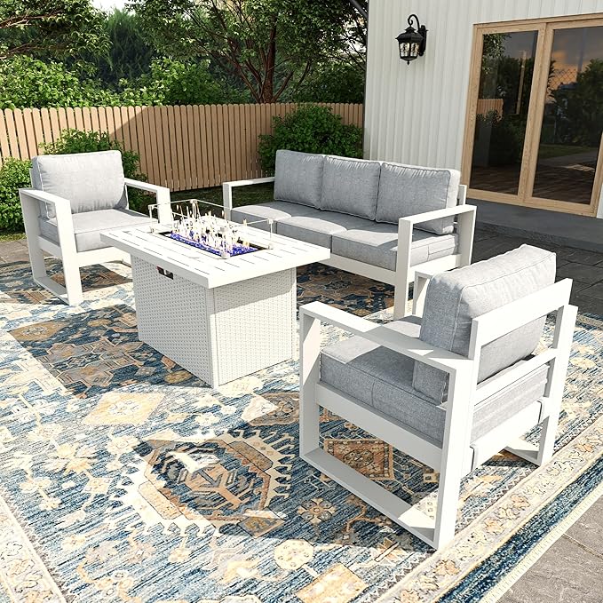4 Piece Modern Aluminum Patio Furniture Set with Fire Pit Table, Outdoor Patio Sectional Conversation Metal Seating Sets with Olefin Cushion