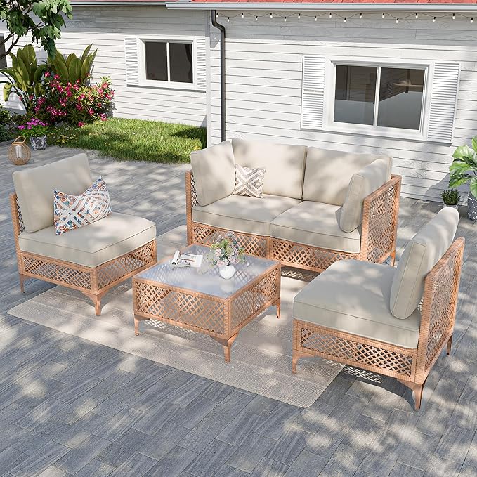 Vikiullf Patio Conversation Set, 5 Piece Outdoor Sectional Sofa Set with Coffee Table, Wicker Bistro Set with Thick Cushions, for Garden, Backyard, Poolside (Beige)