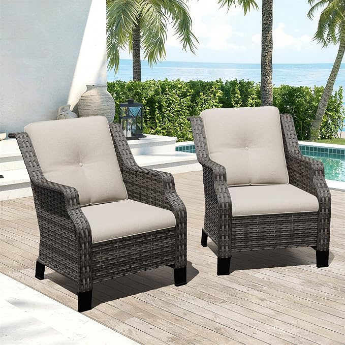 Outdoor Patio Chairs Set of 2, Wicker Patio Furniture with Thick Cushions, Curved Armrest, Deep Seating, Rattan Outdoor Chairs for Porch, Deck, Balcony