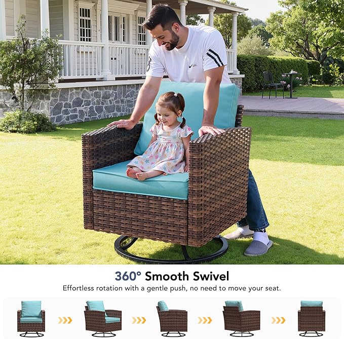 Patio Furniture Sets, 6 Pcs Patio Outdoor Sectional Furniture, Wicker Rattan Conversation Sofa with Swivel Chair, Ottomans, Side Table, 4" Thick Cushion, for Garden Backyard Deck,Light Blue