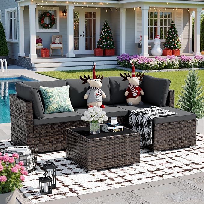 5 Piece Patio Furniture Sets, All-Weather PE Rattan Wicker Outdoor Sectional Sofa with Cushions and Glass Table for Garden Backyard Poolside