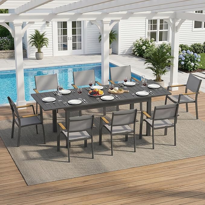 FansaFurn Patio Furniture Set with 121" Extendable Dining Table, Patio Table Set for 4–12 People, All-Weather Aluminum Outdoor Furniture, Outdoor Dining Set for Backyard, Porch, and Garde, Grey