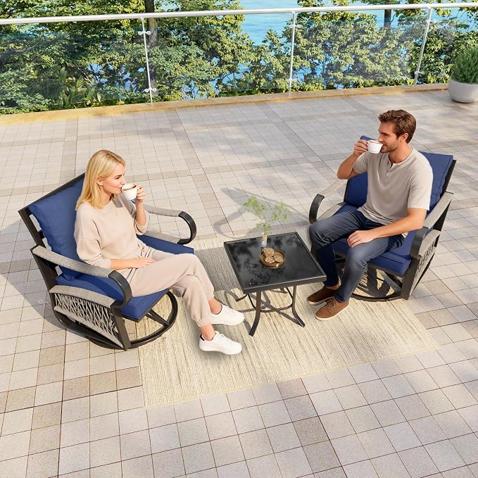 3 Pieces Outdoor Furniture Set, Metal 360° Swivel Rocking Chairs Bistro Sets, Patio Conversation Set with Side Table for Deck, Porch, Garden, Backyard, Poolside (Blue Cushions)