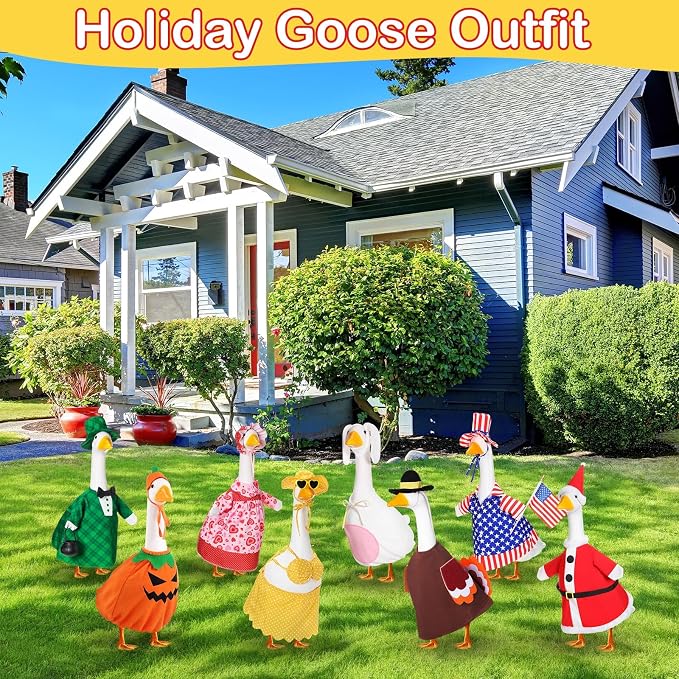 FuWeave 8 Set Holiday Porch Goose Outfits 17'' Goose Clothes Summer Fall Halloween Christmas Winter Thanksgiving Valentine St. Patrick Easter 4th of July Lawn Porch Geese Costume for Patio Yard Decor