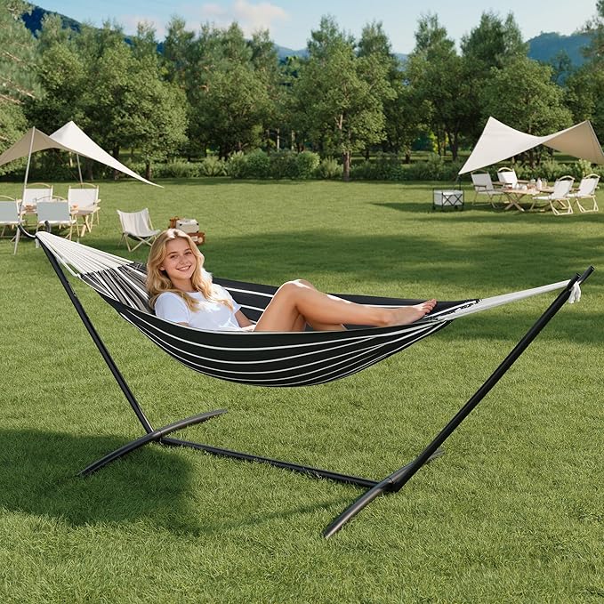 Double Hammock with Space-Saving Collapsible Steel Stand for 2 Person - Heavy Duty, 450lbs Capacity - Portable Indoor Outdoor Hammock, Carry Bag Included - Ideal for Garden, Camping, Beach