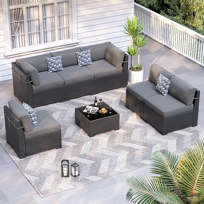 Patio Furniture Sets, 7-Piece Outdoor Patio Furniture with Thick Cushions,Coffee Table Outdoor All-Weather Conversation Set Sectional Sofa for Backyard, Poolside, Garden(Grey)