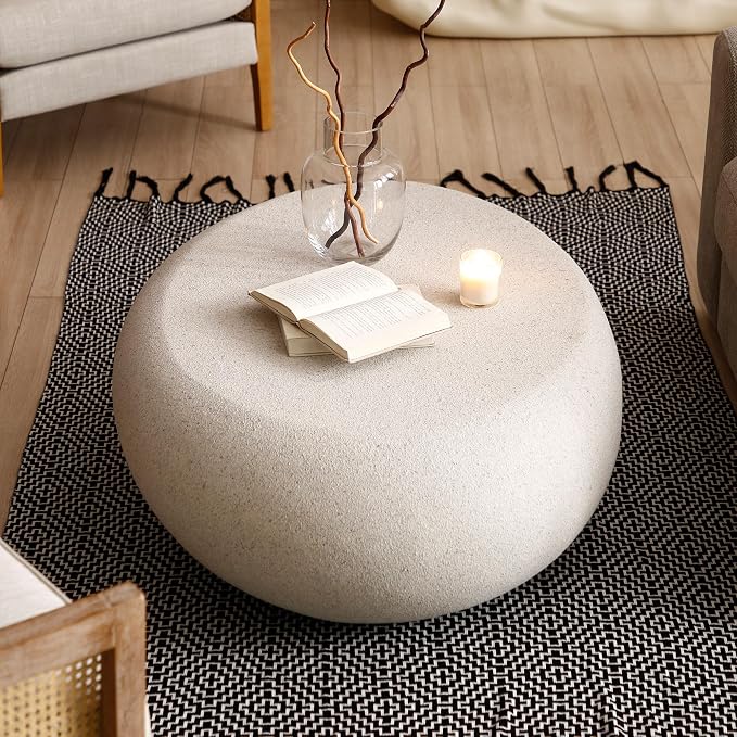 43.3" Faux Stone Coffee Table Modern Unique Coffee Table Oval Center Tables Round Edge Design Fiberglass Oval Accent Tables for Living Room Office Apartment No Assembly, Cream White