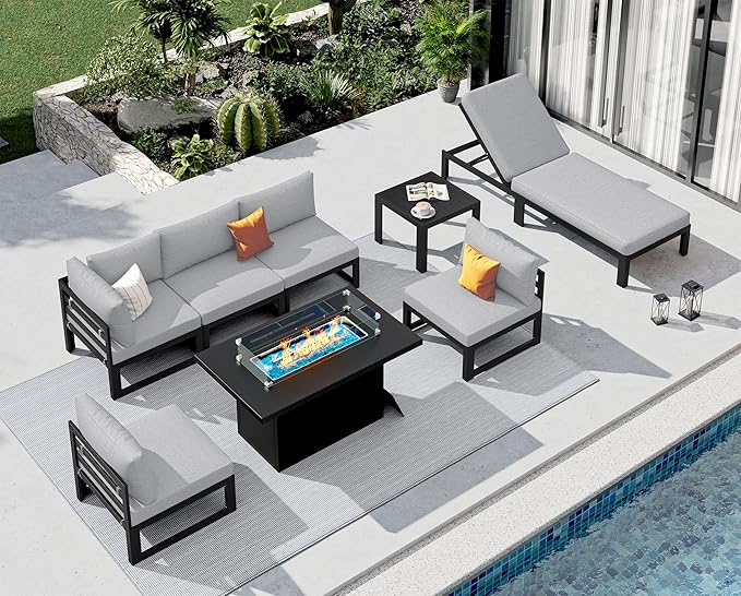 NICESOUL 8 Piece Large Contemporary Aluminum Outdoor Furniture Set with Chaise Lounge & Fire Pit Table, 29" Deep Couch Set, 500 lbs High Weight Capacity Patio Sectional Sofa for Poolside, Light Gray