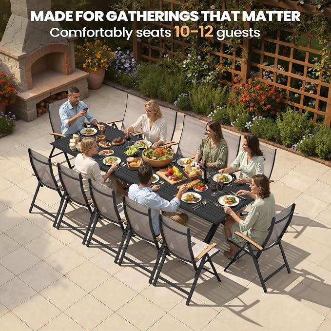 Pellebant 118" Aluminum Outdoor Patio Dining Table for 10-12, 10ft Weather-Resistant Black Tabletop with Umbrella Hole, Sturdy Frame – Large for Deck, Porch, Poolside