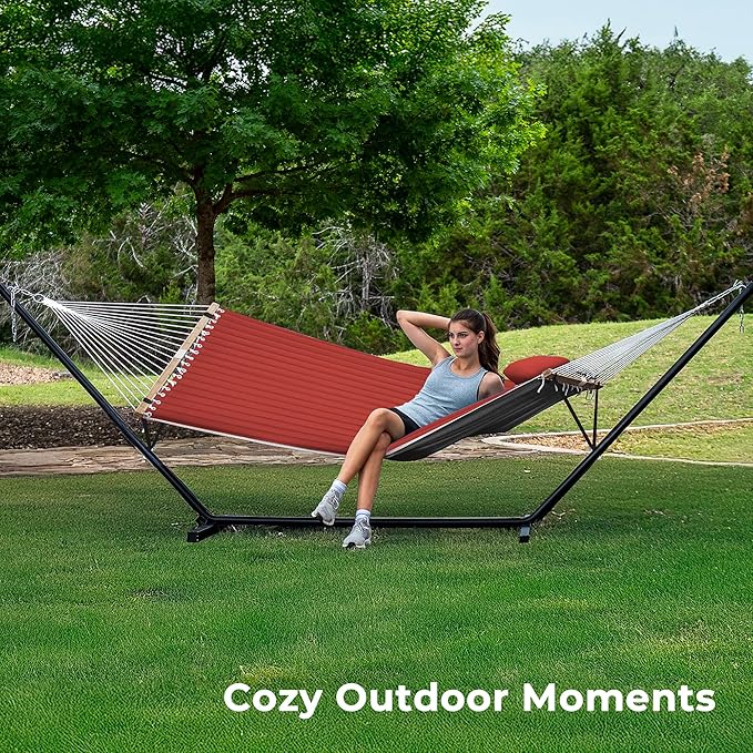 SUPERJARE Hammock with Stand, 2 Person Quilted Outdoor Hammock, Detachable Pillow & Bamboo Spreaders, Portable Hammock with Carrying Bag, Heavy Duty Stand, Perfect for Outside, Patio, Burgundy