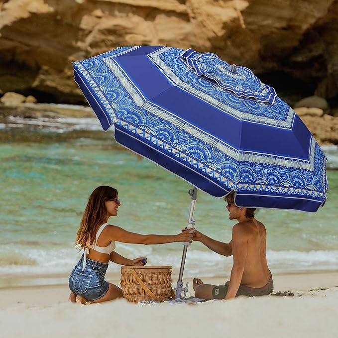 AMMSUN 7ft Heavy Duty High Wind Beach Umbrella with Sand Anchor & Tilt Sun Shelter, UPF50+ Protection Outdoor Sunshade Umbrellas and Parasols Carry Bag for Patio Garden Beach Pool Backyard