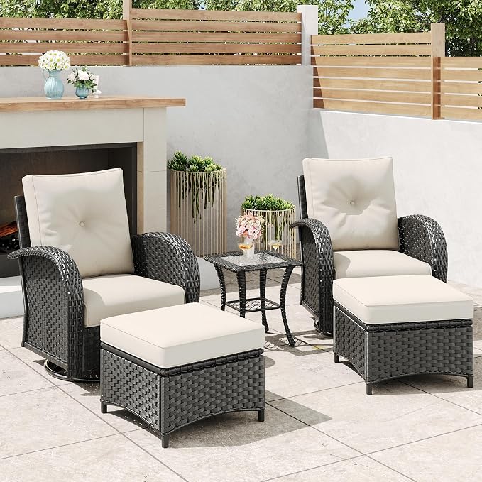 5 Pieces Outdoor Wicker Patio Swivel Rocking Chairs, All Weather Wicker Conversation Set with Side Table