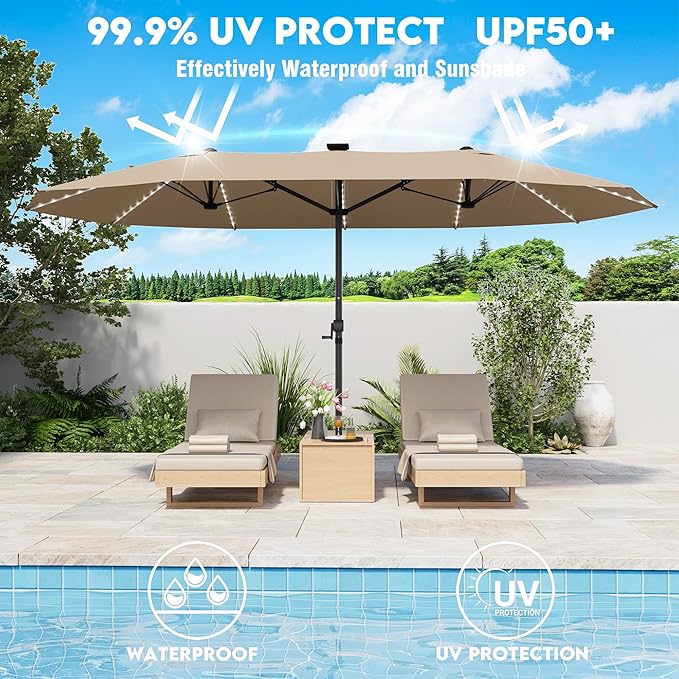 GDPFN 15ft Large Patio Umbrella with Solar Lights, Outdoor Double-Side Rectangular Umbrella, Backyard Pool Umbrella with LED Light for Deck, Outside, Market, Beige (Base Not Include)