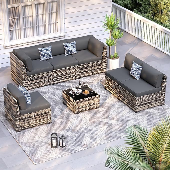 Patio Furniture Sets, 7-Piece Outdoor Patio Furniture with Thick Cushions,Coffee Table Outdoor All-Weather Conversation Set Sectional Sofa for Backyard, Poolside, Garden(Grey)