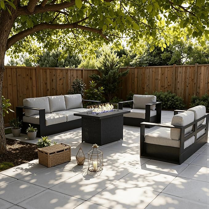 LayinSun Oversized Aluminum Outdoor Furniture Set, 5 Piece Patio Sofa Sets with Fire Pit Table, Deep Seating and Upgraded 6-inch Cushions for Porch, Balcony, Deck