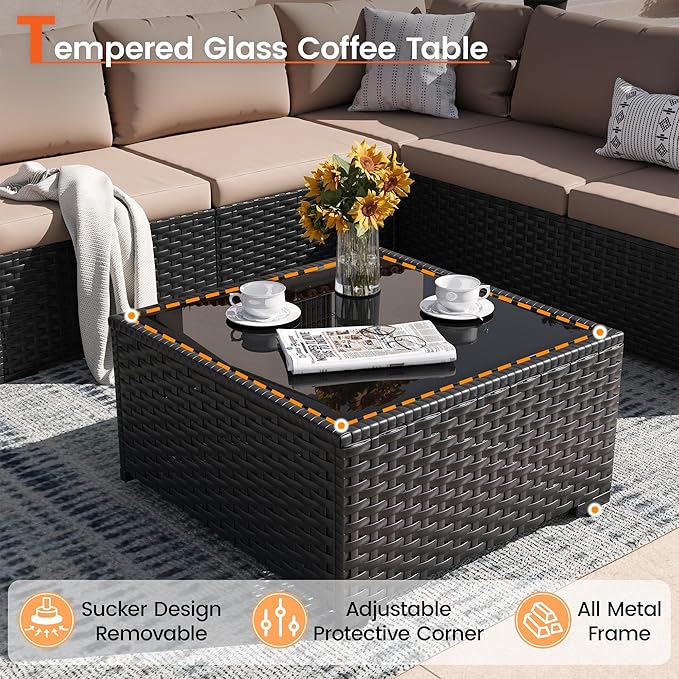 Patio Furniture Set, 7-Piece Outdoor Sectional All-Weather Wicker Patio Conversation Set for Backyard, Garden, Beige