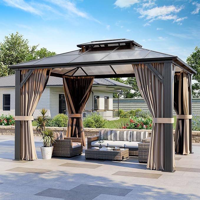 AirWire 10'x12' Hardtop Gazebo, Outdoor Polycarbonate Roof Canopy, Aluminum Frame Permanent Pavilion with Curtains and Netting, Sunshade for Garden, Patio, Lawns
