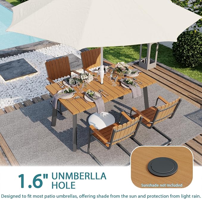 5 Piece Outdoor Conversation Set for 4, HDPE Patio Seating Set with Table and Chairs, All-Weather Outdoor Lounge Furniture with Umbrella Hole for Garden, Porch, Poolside, Gray & Teak