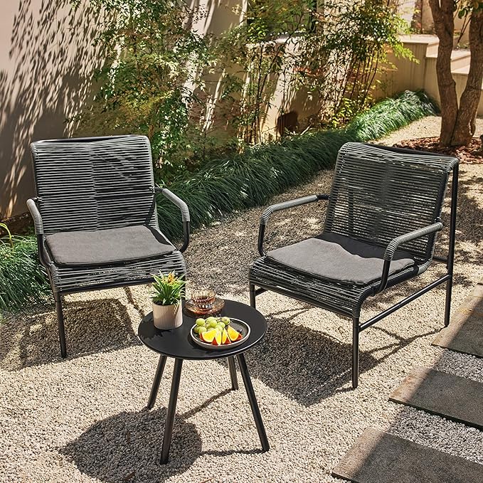 East Oak 3-Piece Patio Furniture Set, Outdoor Bistro Set with PE Rattan Wicker Wide Chairs, Soft Pads & Coffee Table, Modern All-Weather Wicker Patio Set for Garden and Porch, Misty Grey