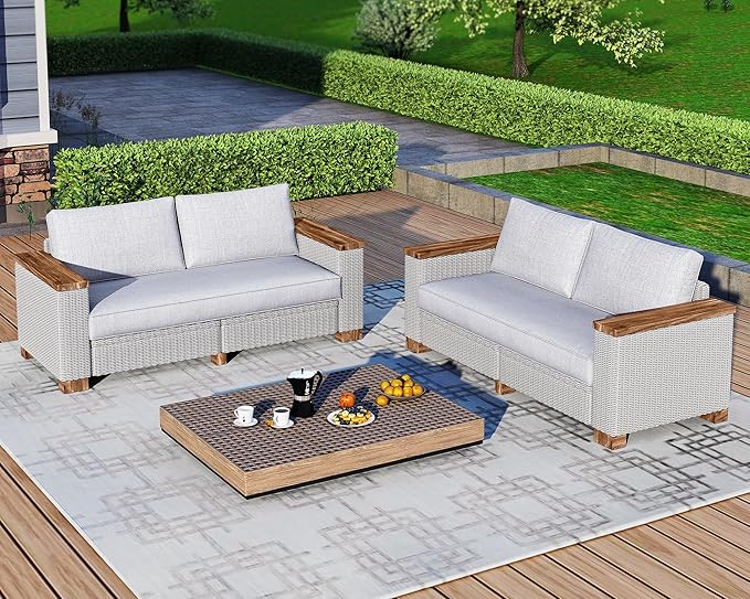 4-Piece Outdoor Patio Furniture Set, All-Weather Wicker Sofa with 5.9" Solid Wood Armrests, Wooden Legs, and Cushions – Sectional Conversation Set for Backyard, Porch, Garden, or Poolside